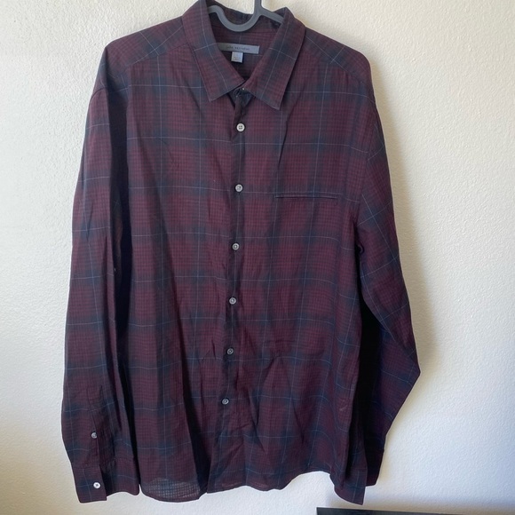 John Varvatos Men’s Plaid Burgundy and Black Button Down Shirt Business Casual - Picture 1 of 7